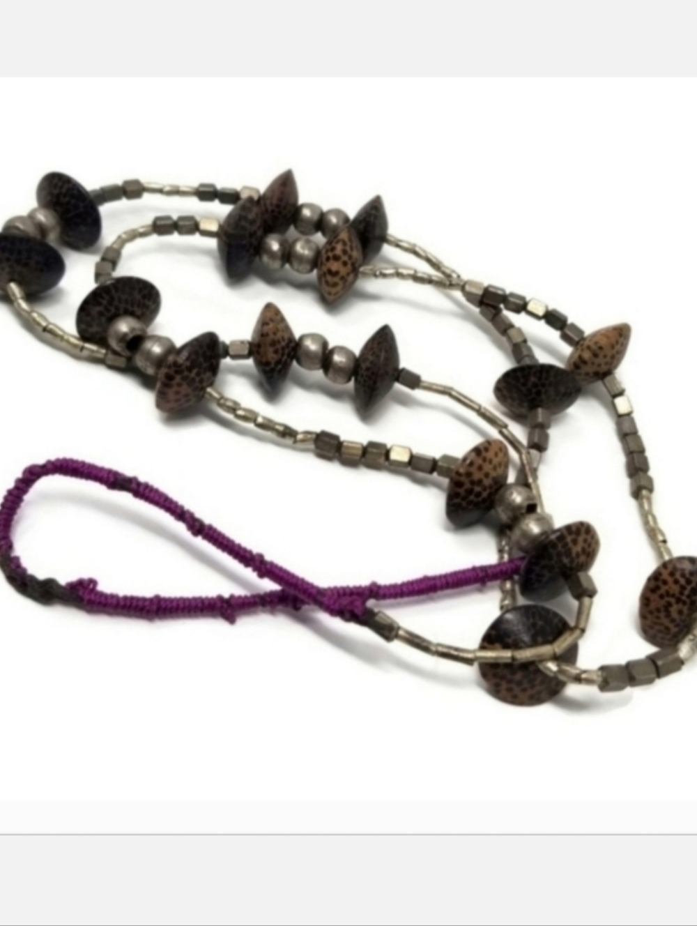 OOAK African Wood Silver Bead Long Necklace Handmade Artisan Statement Jewelry